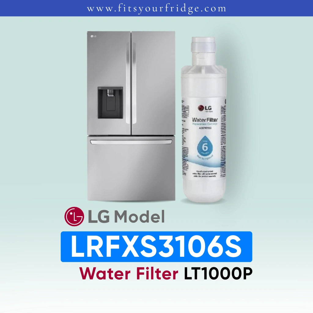 LG LRFXS3106S refrigerator with water filter packaging on a light blue background