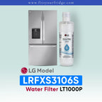 LG LRFXS3106S refrigerator with water filter packaging on a light blue background