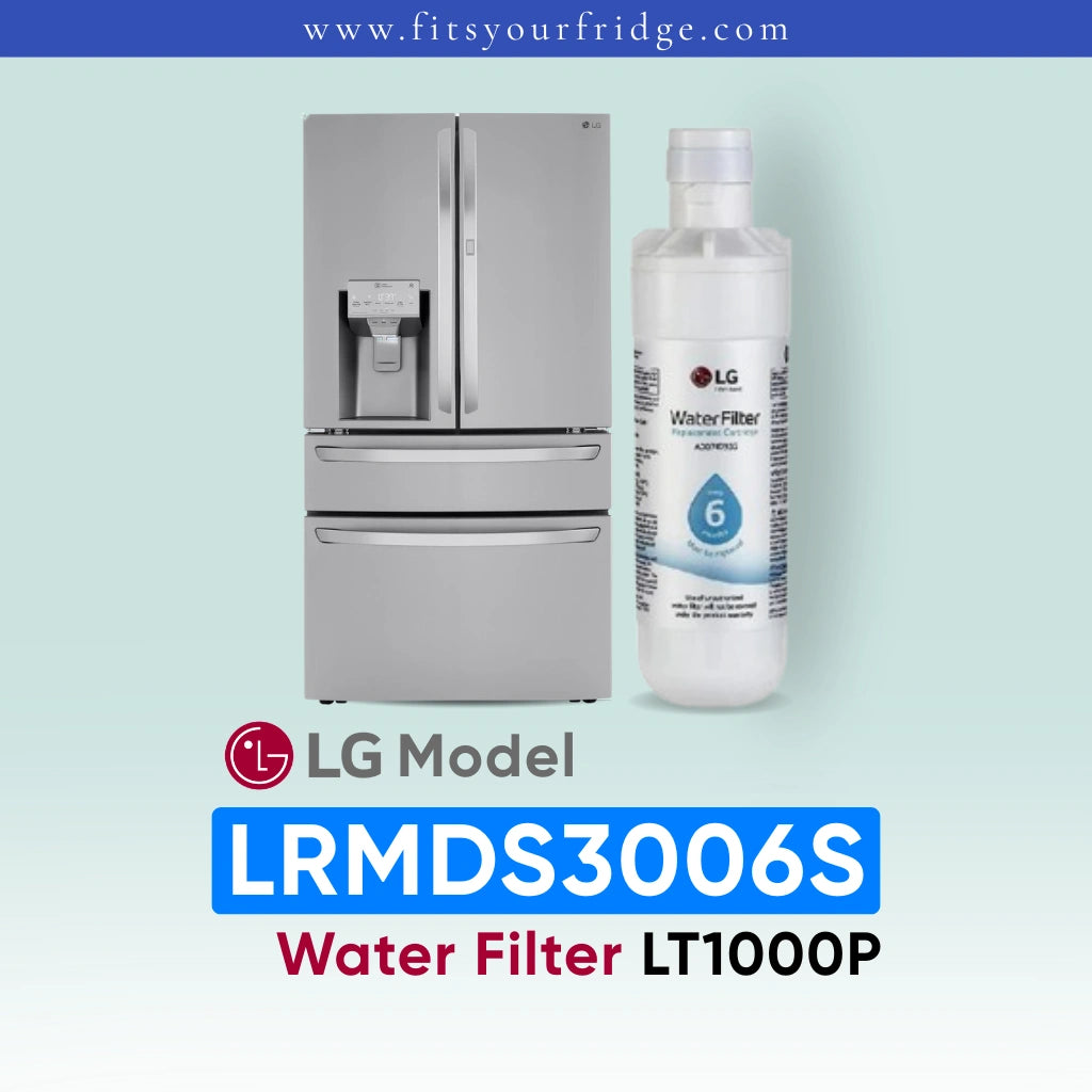 LG LRMDS3006S refrigerator with water filter on a light blue background
