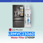 LG LRMVC2306D refrigerator with water filter and bottle on a light blue background