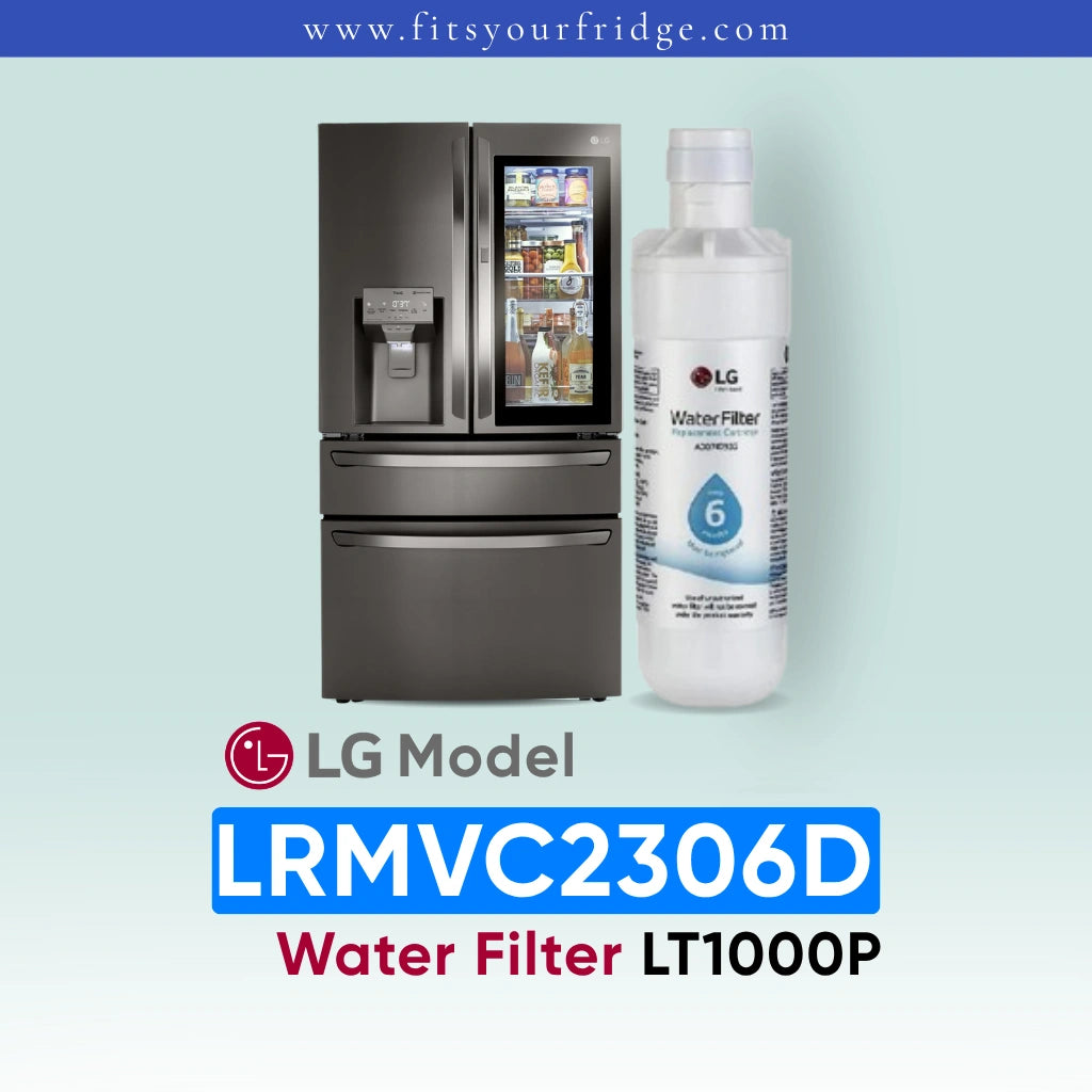 LG LRMVC2306D refrigerator with water filter and bottle on a light blue background