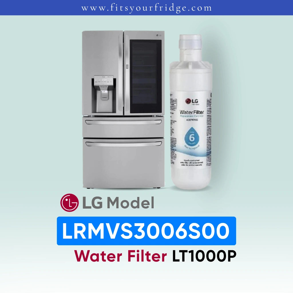 LG LRMVS3006S00 refrigerator with water filter and bottle on a light blue background