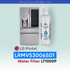LG LRMVS3006S01 refrigerator with water filter and bottle on a light blue background