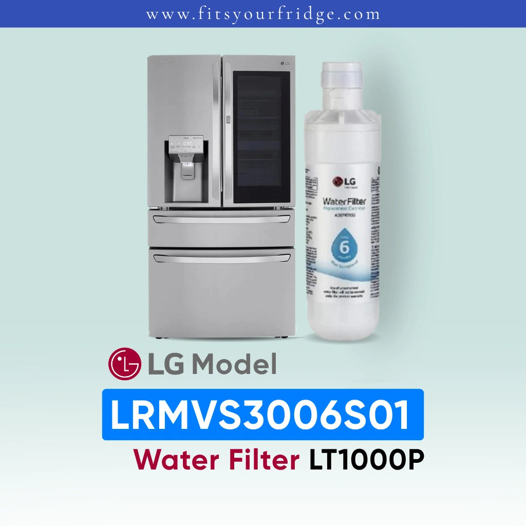LG LRMVS3006S01 refrigerator with water filter and bottle on a light blue background