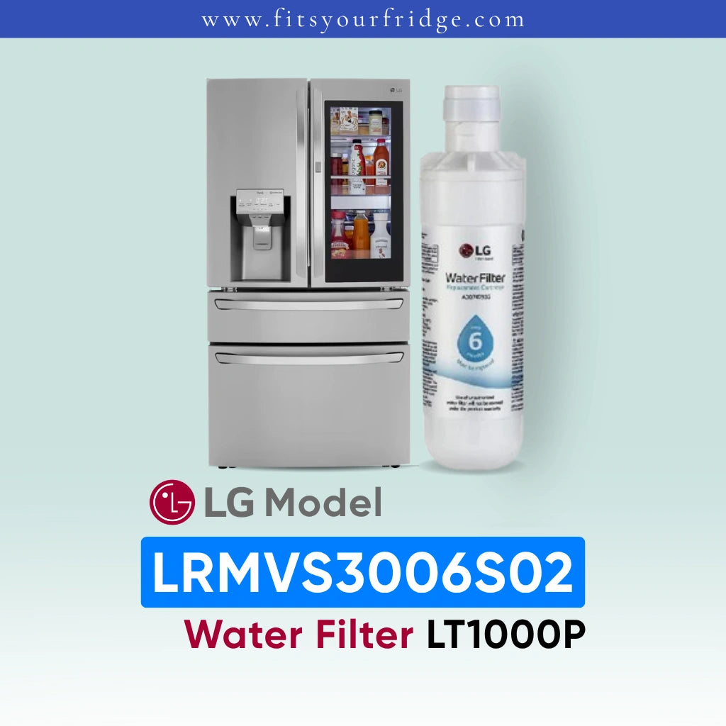 LG LRMVS3006S02 refrigerator with water filter and bottle on a light blue background