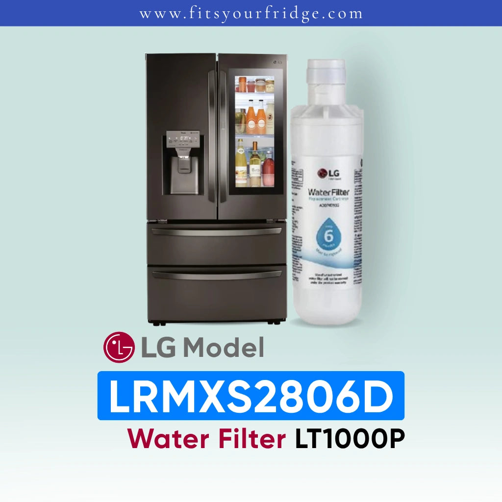 LG LRMXS2806D refrigerator with water filter and bottle on a light blue background