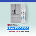 LG LRMXS3006S00 refrigerator with water filter packaging on a light blue background