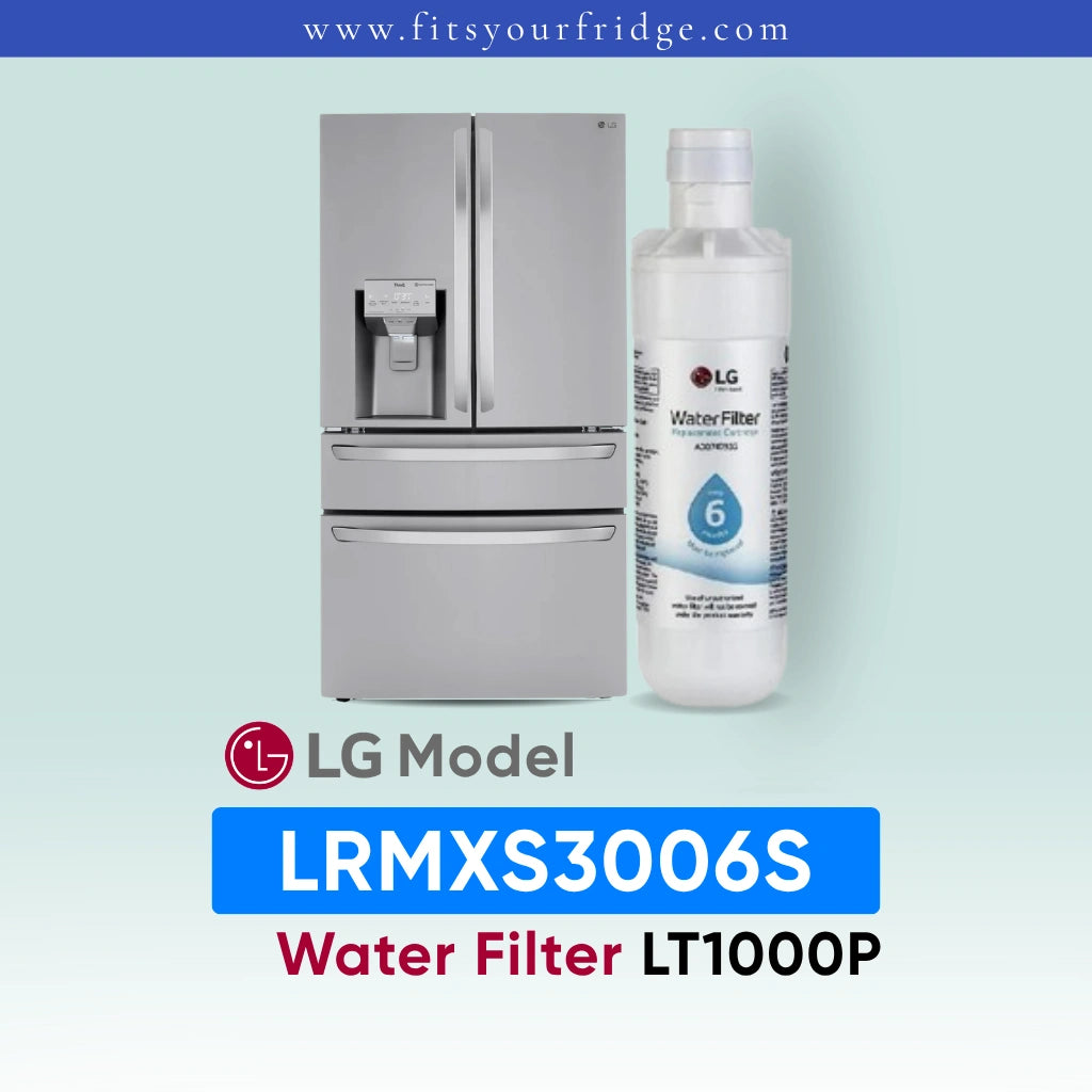LG LRMXS3006S refrigerator with water filter and bottle on a light blue background