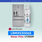 LG LRMXS3006S refrigerator with water filter and bottle on a light blue background