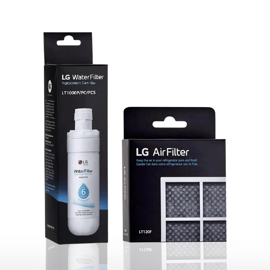 LG water filter and air filter with packaging on a white background