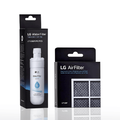 LG water filter and air filter with packaging on a white background