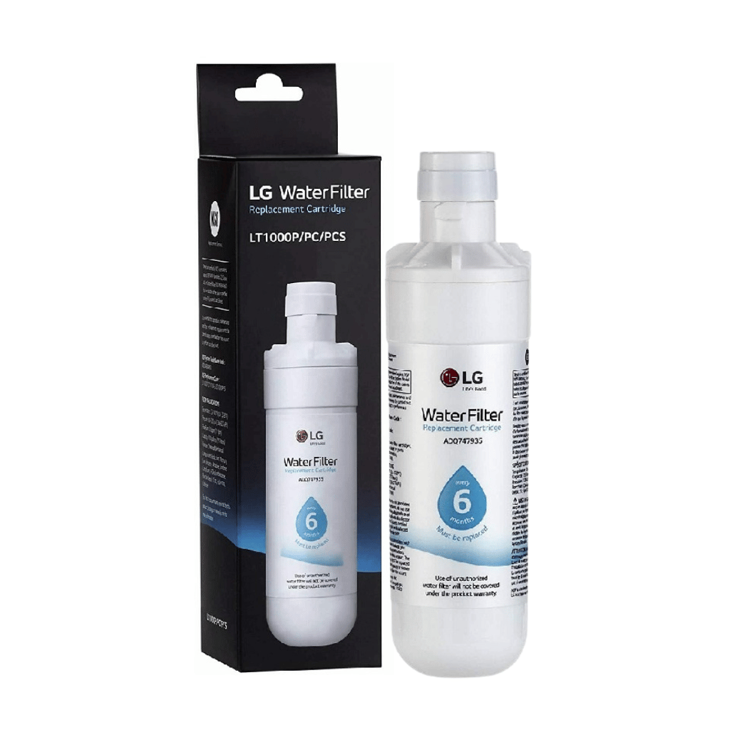 LG water filter with packaging on a white background
