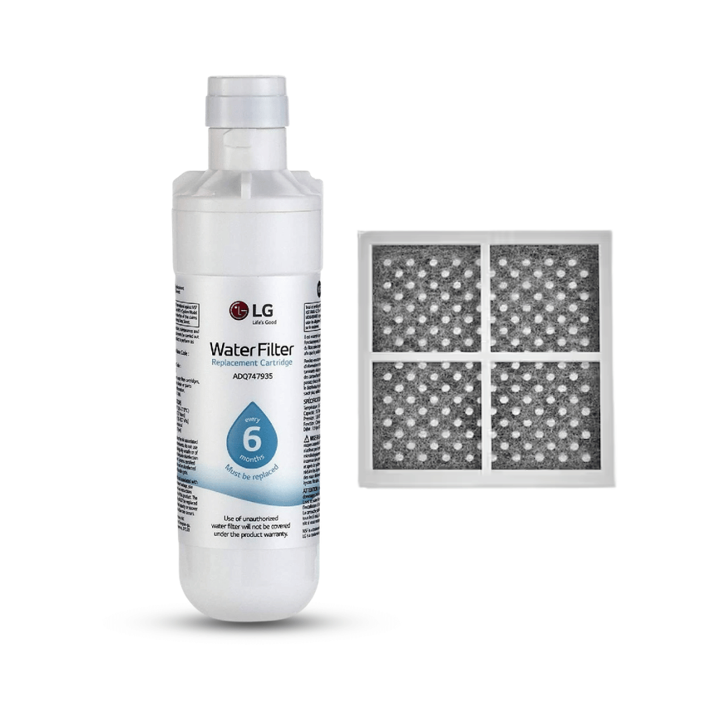 LG water filter replacement cartridge with filter housing on a white background