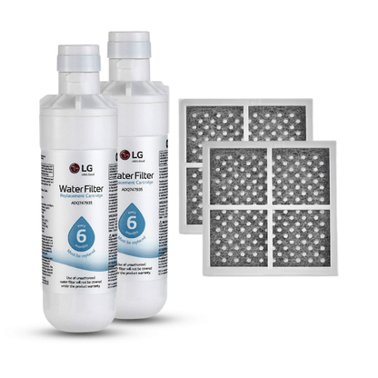 Two LG water filters and two filter cartridges on a white background