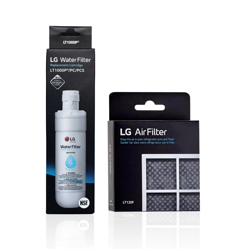 LG 1000P water filter and 120f air filter with packaging in white background