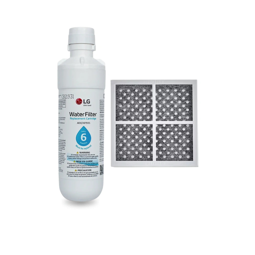 LG water filter bottle and filter cartridge on a white background