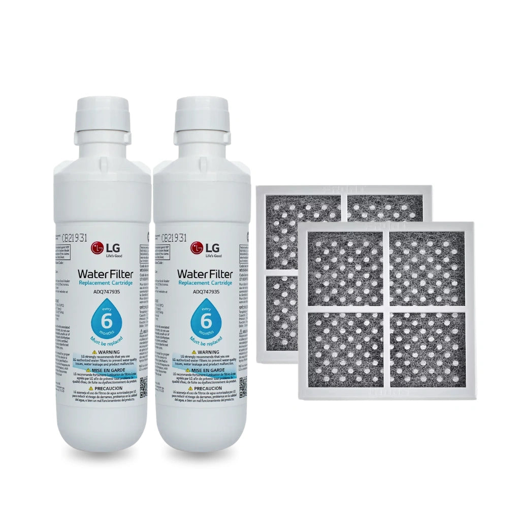 Two LG water filter bottles with two filter cartridges on a white background