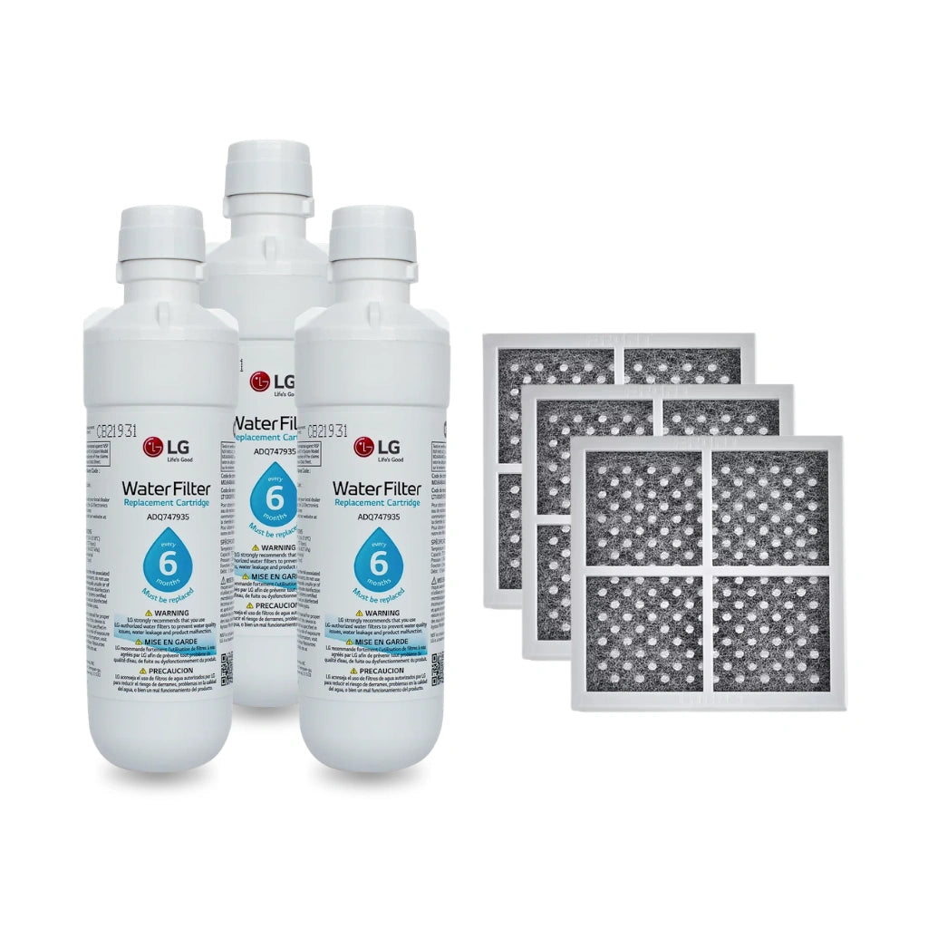 LG water filter bottles and filters on a white background