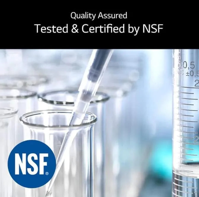 Laboratory setting with beakers and NSF logo, indicating quality assurance and certification.