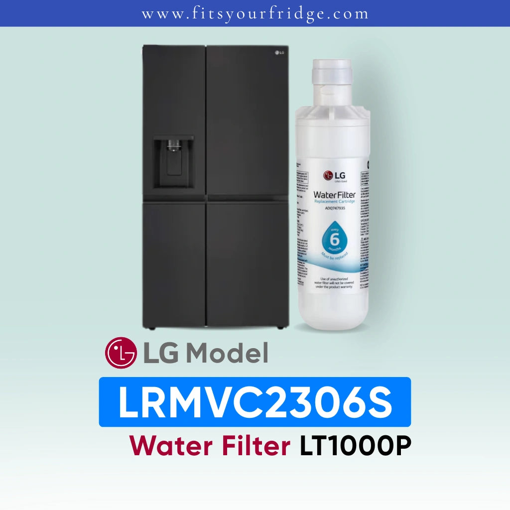 LG LRSXS2706B water filter with refrigerator on a light blue background