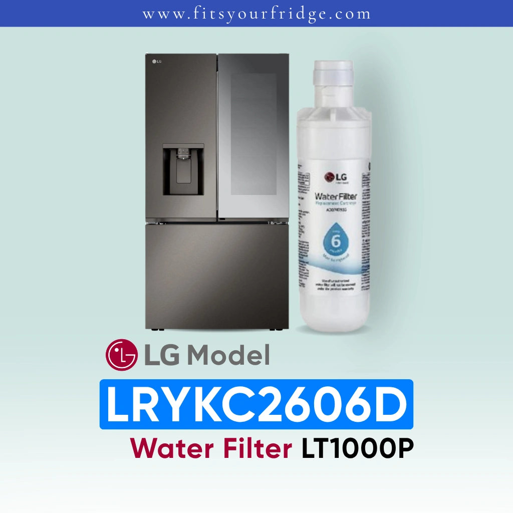 LG LRYKC2606D refrigerator with water filter and bottle on a light blue background
