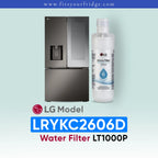 LG LRYKC2606D refrigerator with water filter and bottle on a light blue background