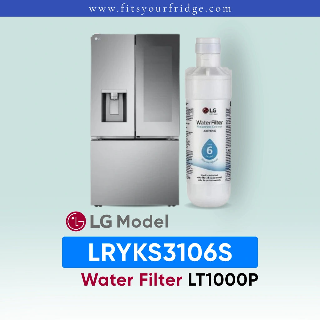 LG LRYKS3106S refrigerator with water filter packaging on a light blue background