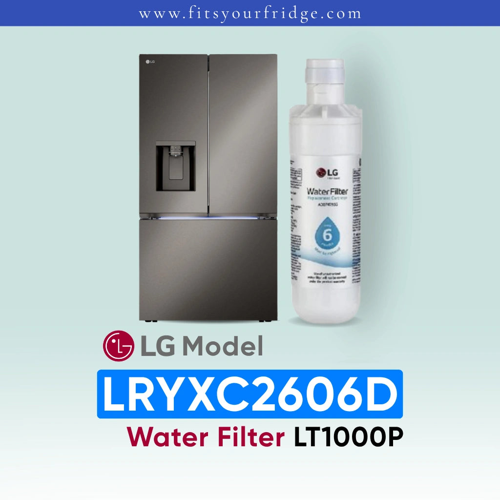 LG LRYXC2606D refrigerator with water filter and bottle on a light blue background
