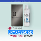 LG LRYXC2606D refrigerator with water filter and bottle on a light blue background