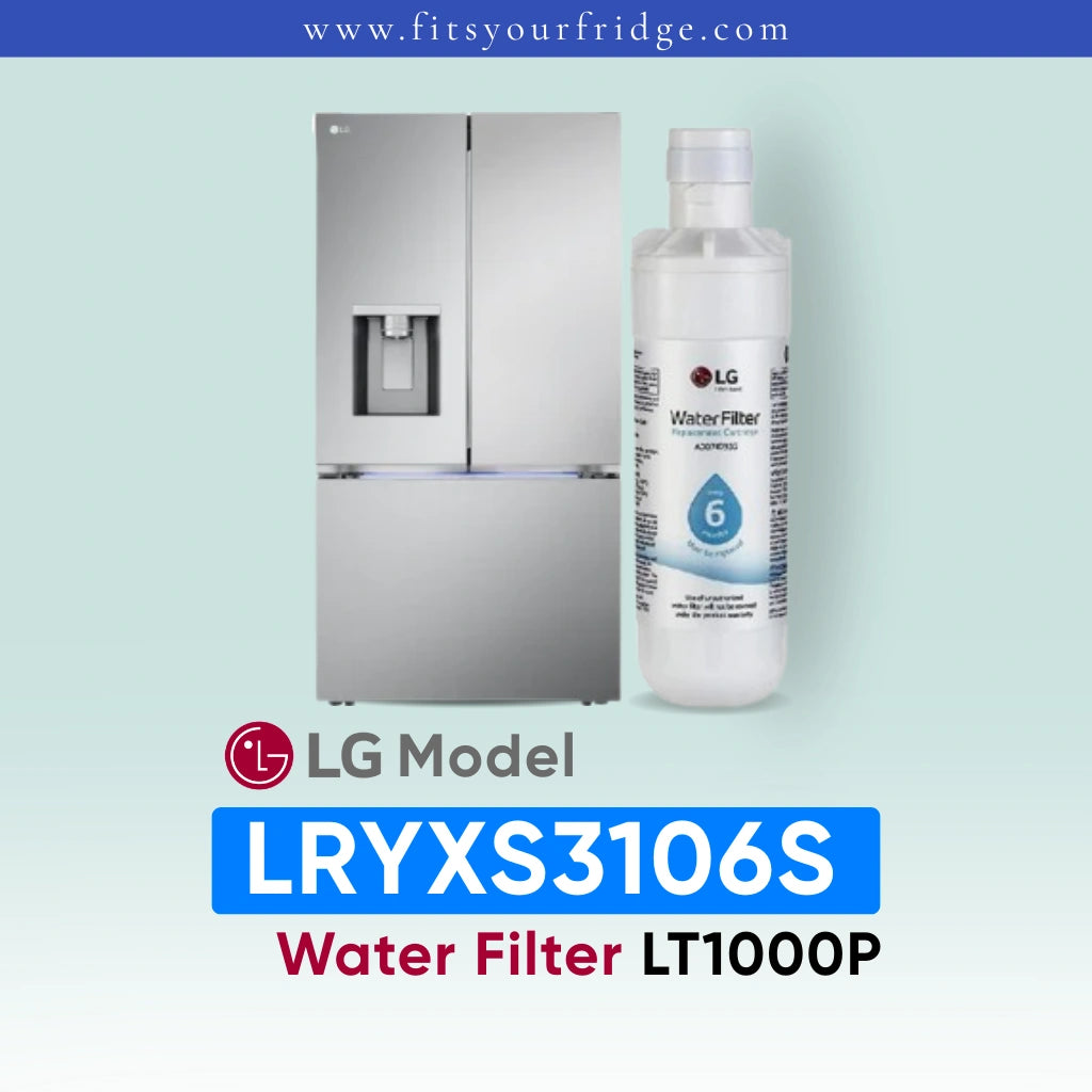 LG LRYXS3106S water filter with refrigerator on a light blue background