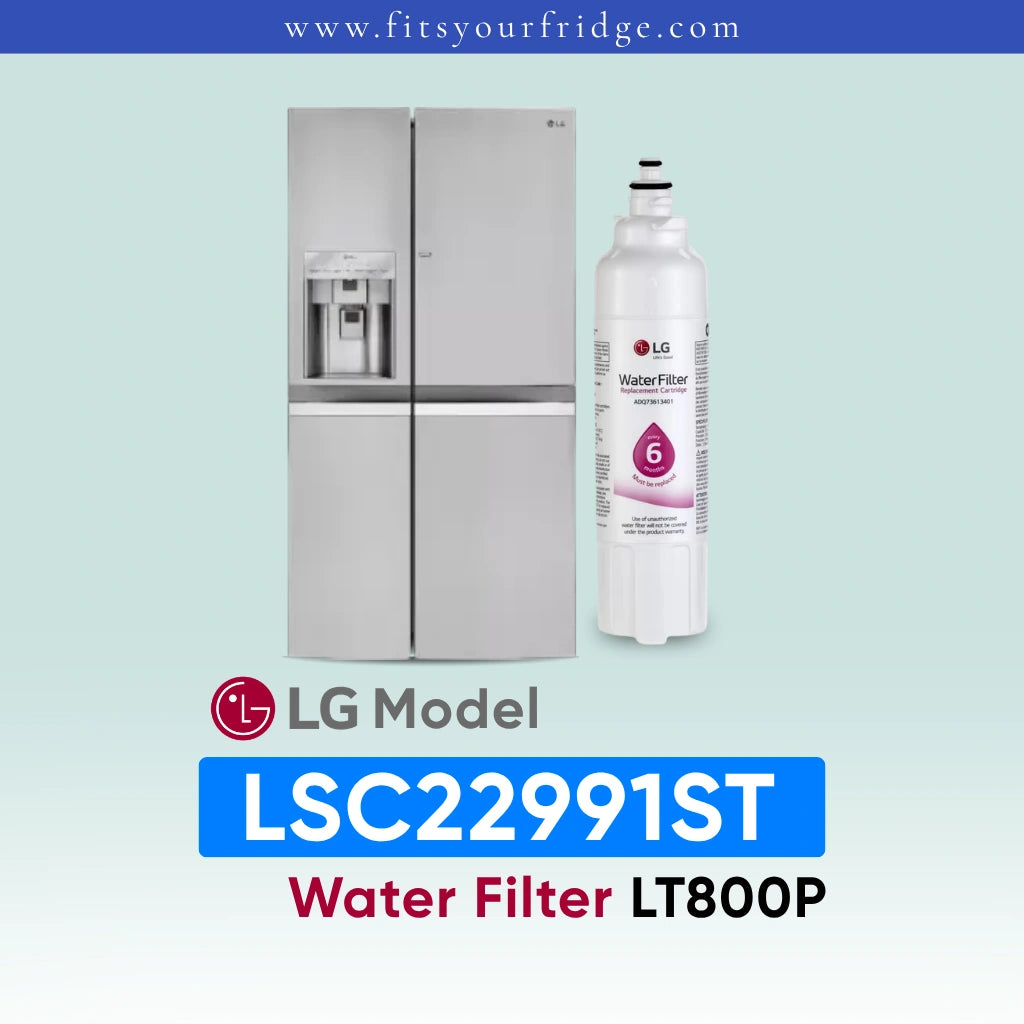 LG LSC22991ST refrigerator with water filter on a light blue background