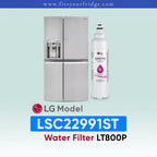 LG LSC22991ST refrigerator with water filter on a light blue background