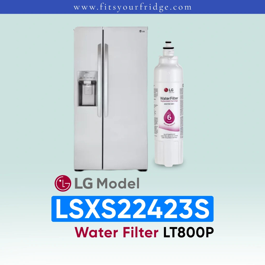 LG LSXS22423S refrigerator with water filter LT800P on a light blue background