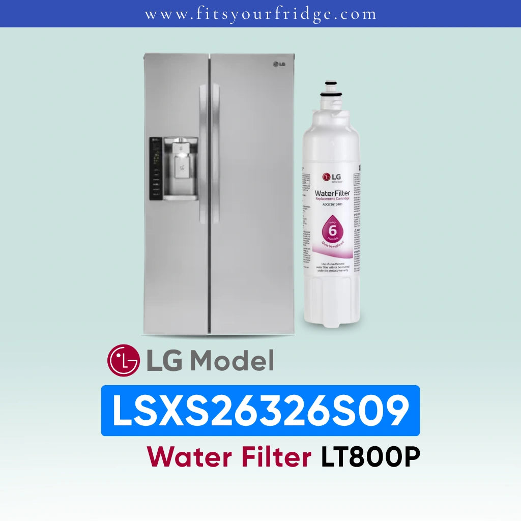 LG LSXS26326S09 refrigerator with water filter on a light blue background