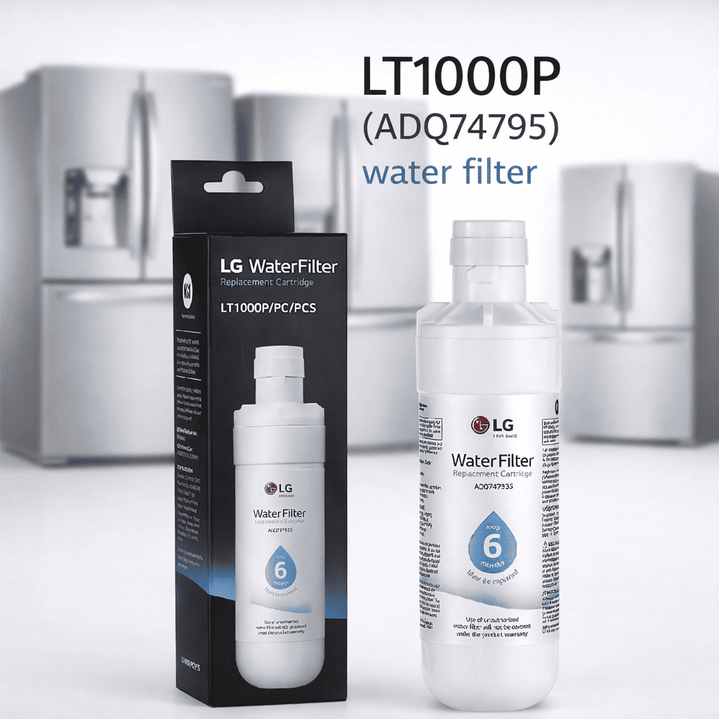 LG water filter LT1000P with packaging on a white background