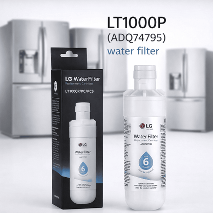LG water filter LT1000P with packaging on a white background