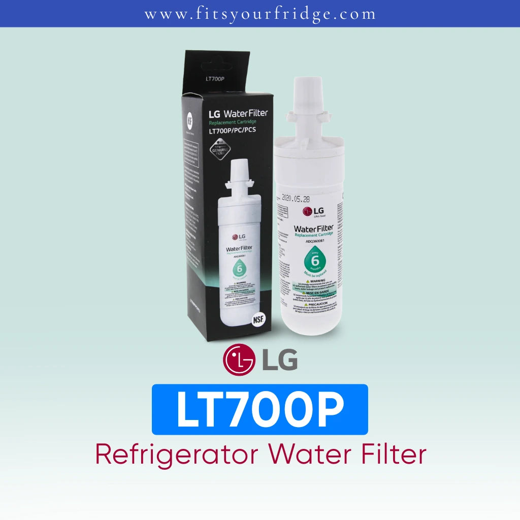 LG refrigerator water filter LT700P with packaging on a light blue background