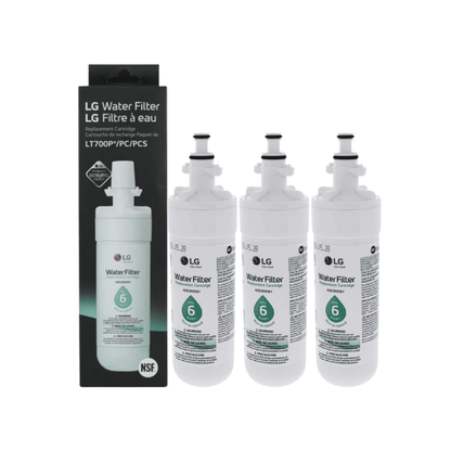 Four LG water filters with packaging on a white background