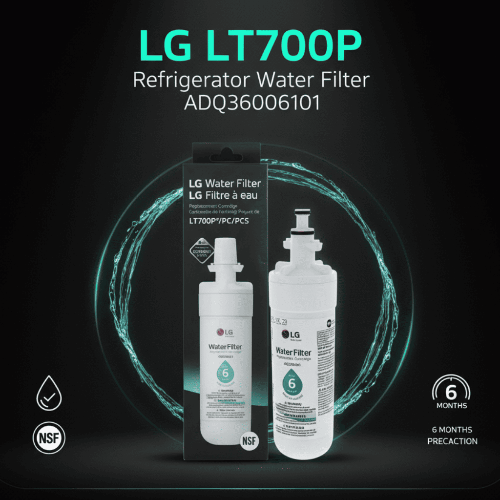 LG LT700P refrigerator water filter with packaging on a dark background