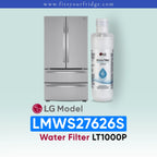 LG LMWS27626S water filter with refrigerator on a light blue background