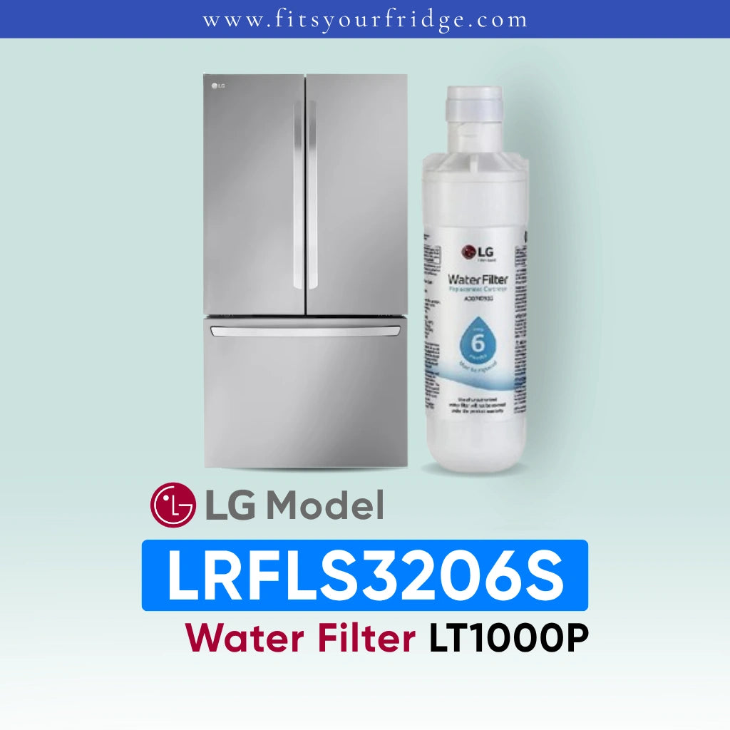 LG LRFLS3206S water filter with refrigerator on a light blue background