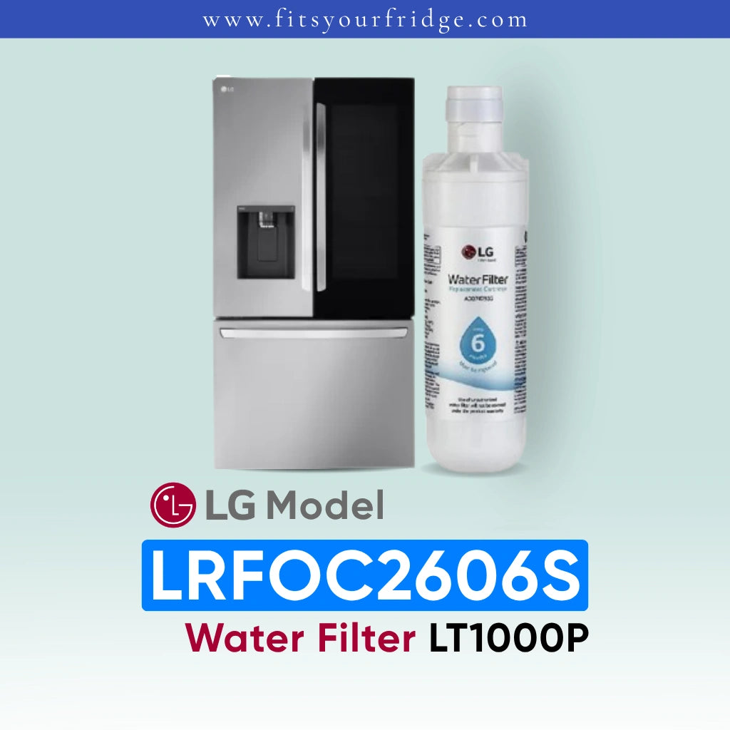 LG LRFOC2606S refrigerator with water filter on a light blue background