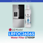 LG LRFOC2606S refrigerator with water filter on a light blue background