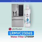 LG LRMVC2306S refrigerator with water filter and bottle on a light blue background