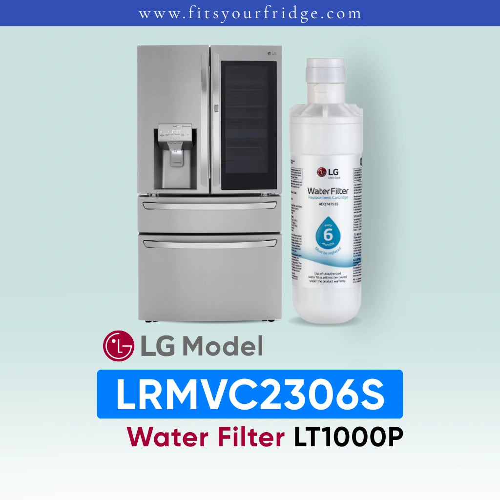 LG LRMVC2306S refrigerator with water filter and bottle on a light blue background