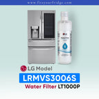 LG LRMVS3006S refrigerator with water filter and bottle on a light blue background