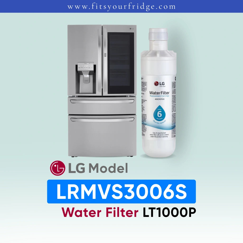 LG LRMVS3006S refrigerator with water filter and bottle on a light blue background