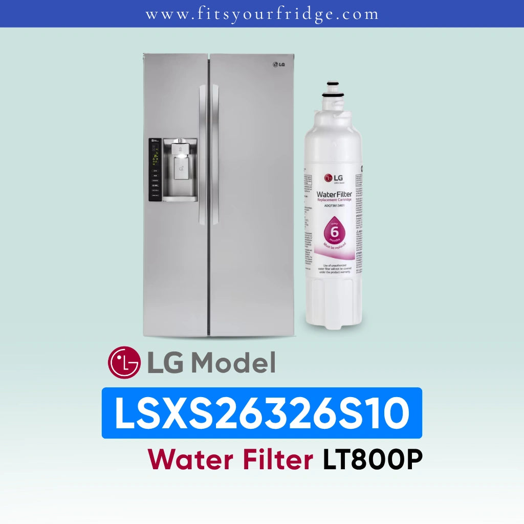 LG LSXS26326S10 refrigerator with water filter on a light blue background