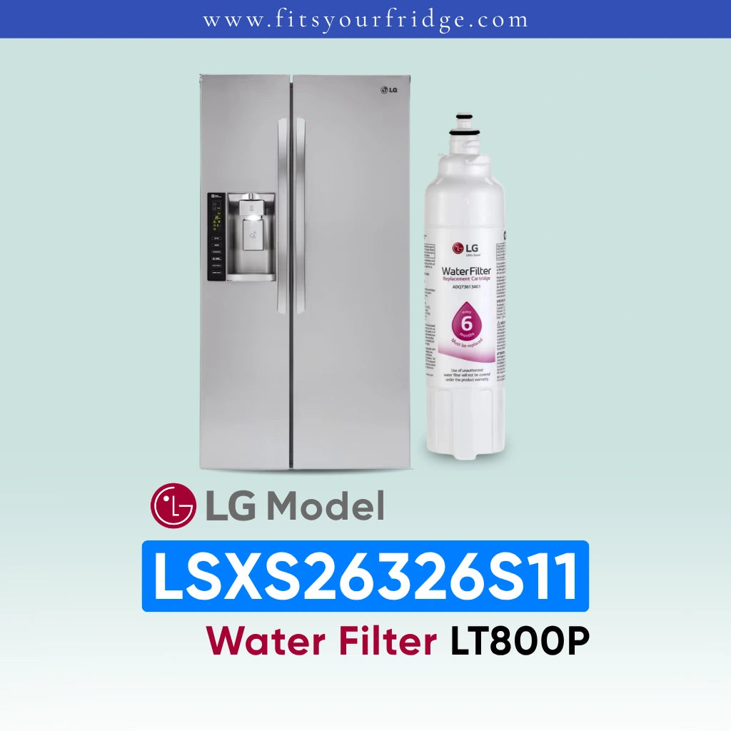 LG LSXS26326S11 refrigerator with water filter on a light blue background