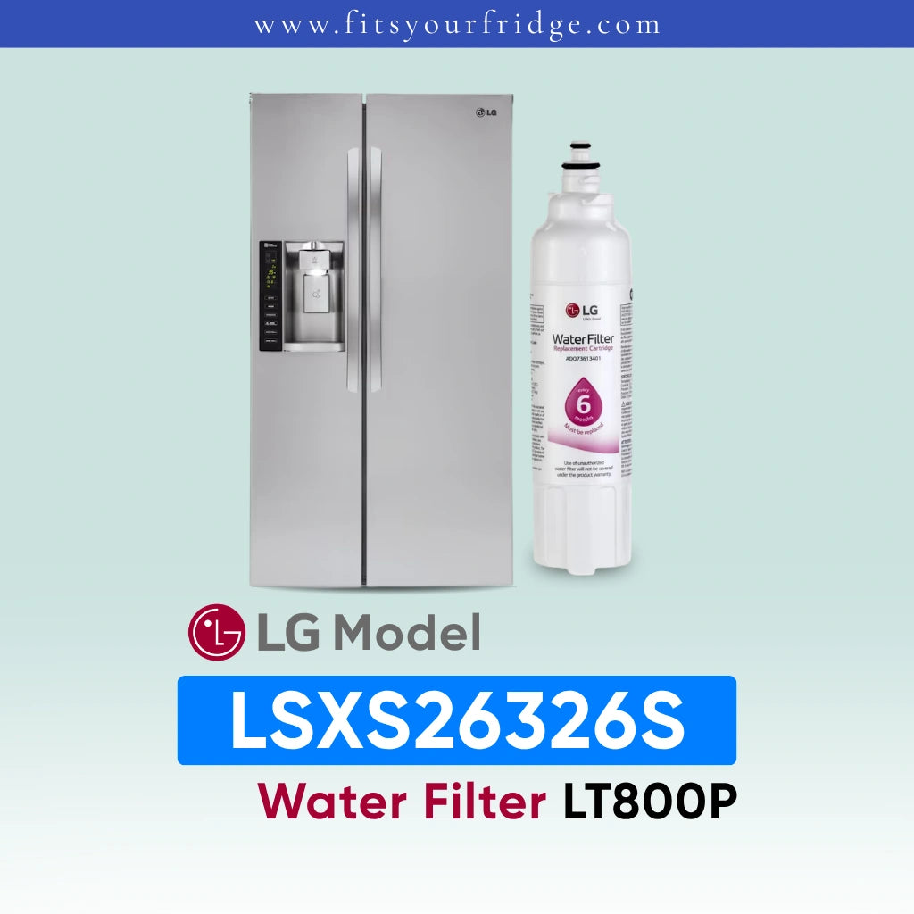 LG LSXS26326S refrigerator with water filter on a light blue background